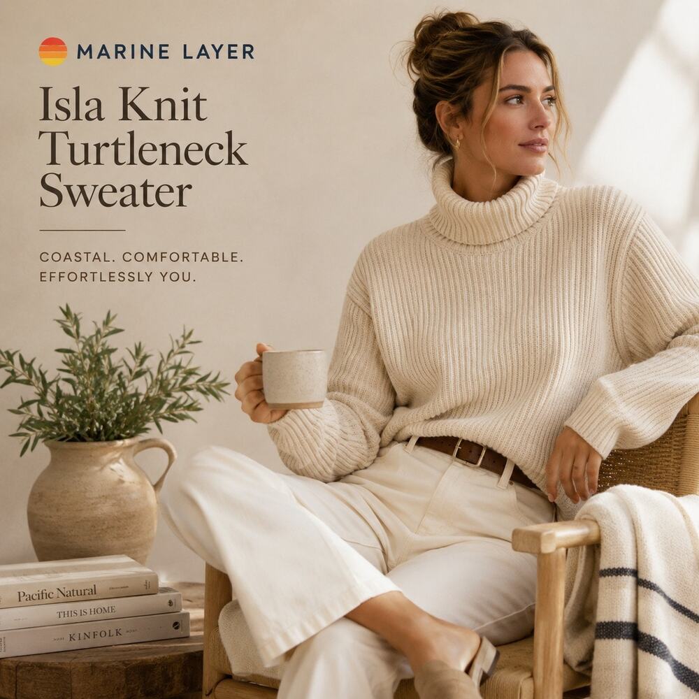 Marine Layer Isla Knit Turtleneck Sweater XL Cream Ribbed‎ Cotton Wool Blend